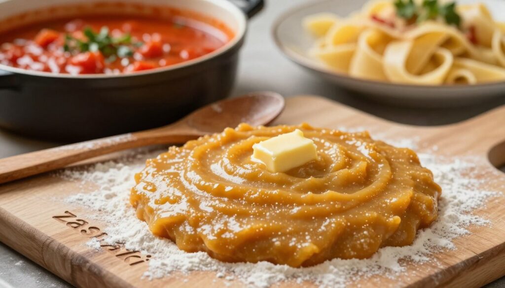 A close-up of a wooden board with expertly crafted "zasmażki," a rich, golden-brown roux made from flour and butter, showcasing a silky texture. The foreground features a small bowl filled with freshly made zasmażka, glistening in the soft, warm light. Beside it, a wooden spoon rests, slightly dusted with flour, hinting at the preparation process. In the middle background, blurred but recognizable, there's a pot of simmering homemade tomato sauce, with vibrant red colors and flecks of herbs, served with a plate of pasta. The overall atmosphere is warm and inviting, evoking a cozy kitchen. The image is captured with natural lighting, emphasizing the golden tones of the roux, and is framed with a shallow depth of field for a professional touch.