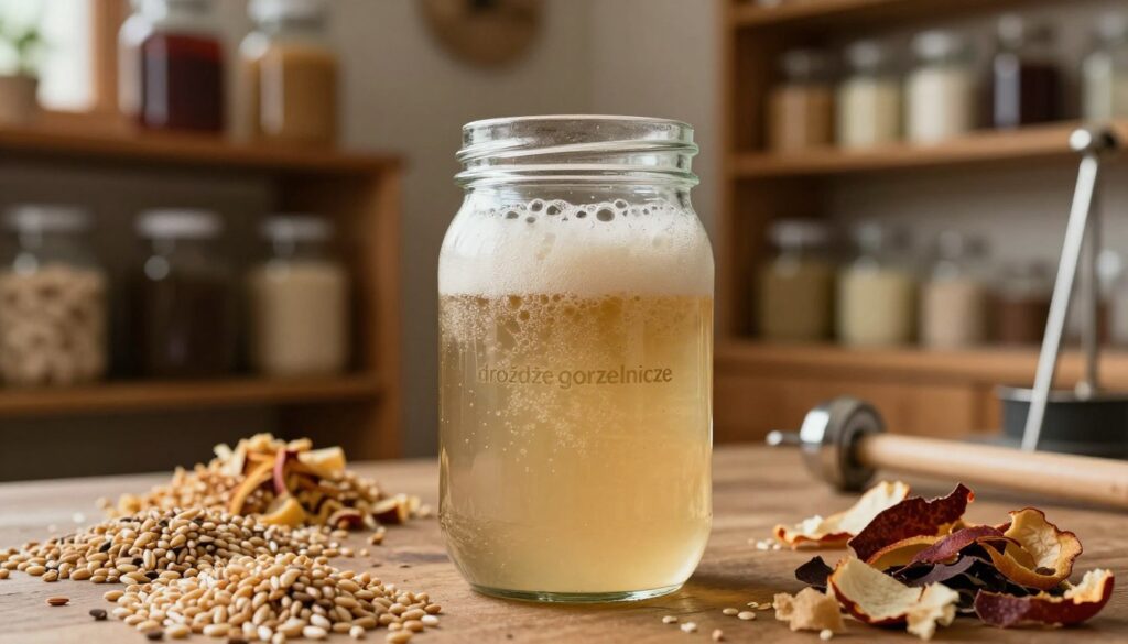 A close-up of brewing equipment used for fermentation, showcasing a glass jar filled with active fermentation of "drożdże gorzelnicze" amidst bubbling sugar water, with a layer of froth forming on top. Surrounding the jar, an assortment of ingredients such as grains and fruit peels can be seen. In the background, a softly lit, rustic workshop ambiance with wooden shelves lined with additional fermentation materials, like airlocks and measuring tools, sets the scene. The lighting is warm and inviting, emphasizing the textures of the ingredients and the subtle glow of the fermentation process. A shallow depth of field creates a focused foreground while softly blurring the workshop elements in the background for an informative yet artistic representation, capturing the essence of fermentation at work.