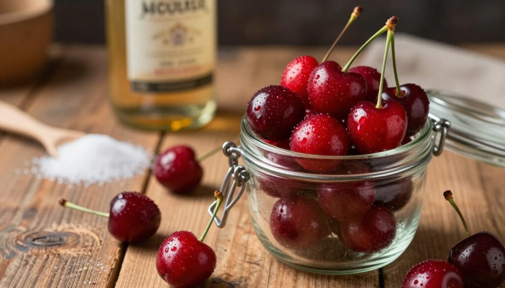 A close-up of vibrant, ripe cherries, glistening with dew, arranged artfully in a clear glass jar beside a rustic wooden table. In the background, a scattering of sugar, a clear bottle of alcohol, and an elegant glass bottle ready for storing the finished liqueur. The scene is softly illuminated by warm, ambient lighting, creating a cozy and inviting atmosphere. The cherries should be the focal point, with their lush red color contrasting beautifully against the earthy tones of the wood. Capture the essence of a homely preparation space, with an emphasis on freshness and the handmade quality of the liqueur-making process. Ensure the composition is vivid and appetizing, evoking a sense of seasonal indulgence.