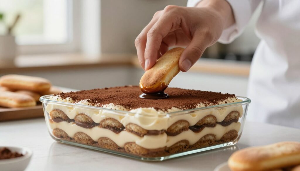 A close-up scene featuring a delicate tiramisu being prepared. In the foreground, a chef’s hand gently dips ladyfingers into a rich espresso and liqueur mixture, capturing the perfect balance without making them soggy. The middle ground showcases the tiramisu layered in a clear glass dish, with creamy mascarpone shining, contrasted against the dark coffee-soaked ladyfingers. In the background, a softly blurred kitchen setting, illuminated by natural light streaming through a window, sets a warm and inviting mood. The focus is sharp on the layering process, with a shallow depth of field emphasizing the textures of the dessert. The overall atmosphere should convey a sense of culinary precision and artistry.