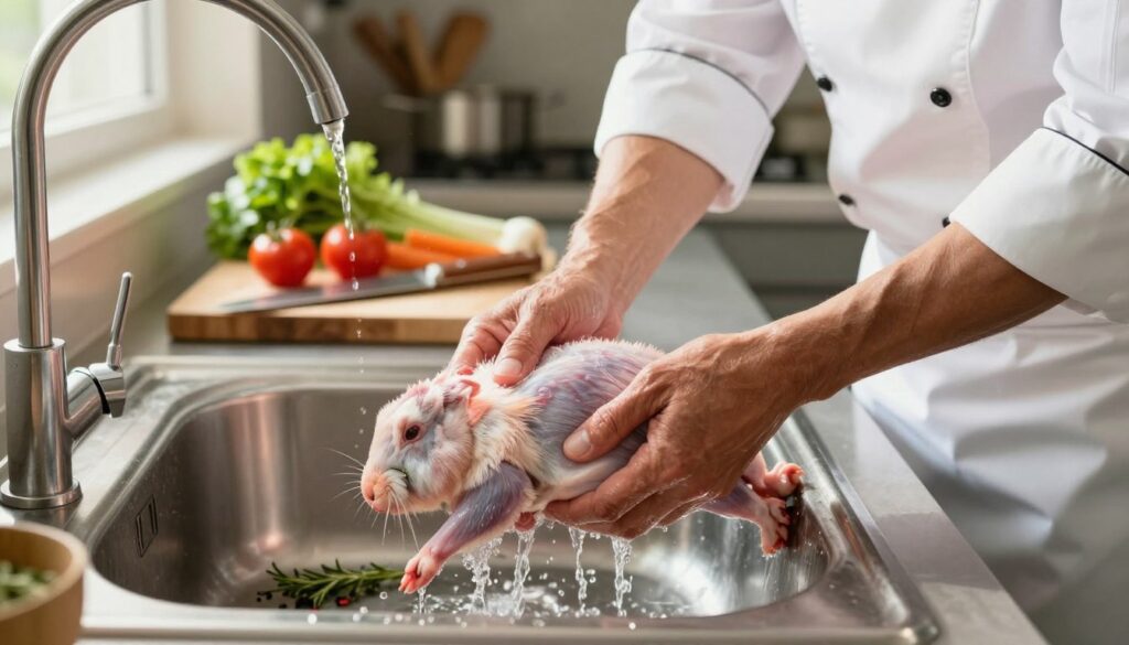 A close-up scene of a chef in a pristine kitchen, carefully cleaning a rabbit in preparation for cooking. The foreground features the chef, a middle-aged individual wearing a white apron and professional attire, gently rinsing the rabbit under cold running water in a stainless steel sink. The rabbit is freshly harvested, its fur velvety, with a few herbs and spices scattered around the sink to emphasize the upcoming seasoning process. In the middle background, a chopping board and knife are displayed, along with fresh vegetables ready for garnishing. Soft, natural light filters through a nearby window, casting a warm glow over the scene, creating a calm and inviting atmosphere perfect for culinary preparations.