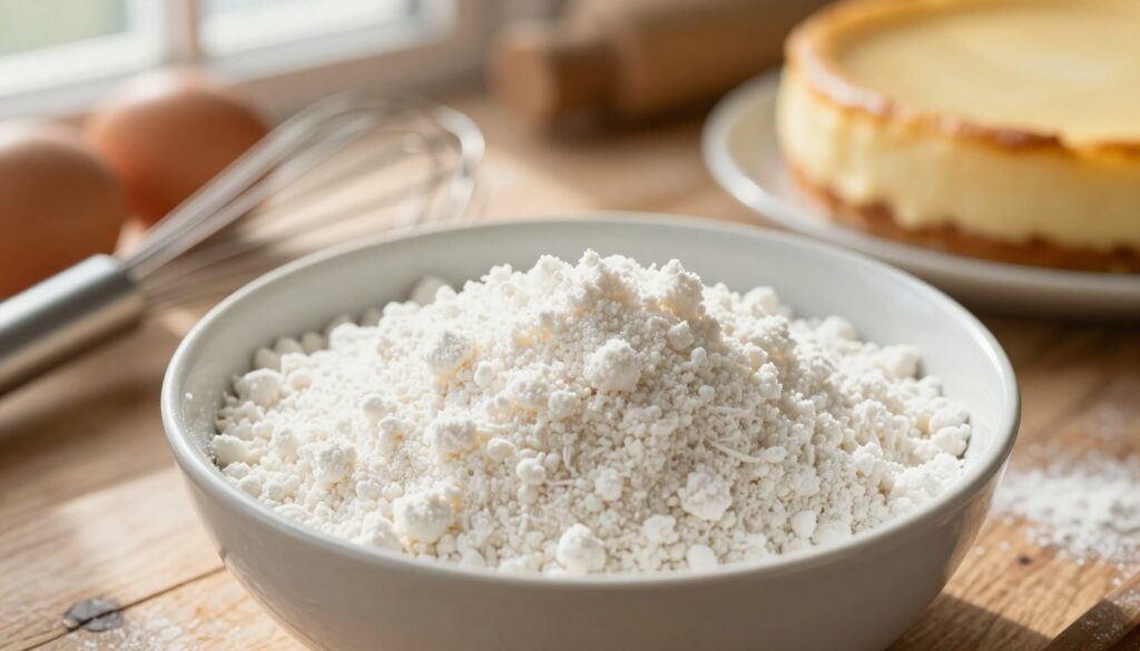 A close-up shot of a bowl of fine, white potato starch, also known as "mąka ziemniaczana," with a soft focus background of baking ingredients like eggs, flour, and a whisk. The bowl is placed on a rustic wooden kitchen table, illuminated by natural sunlight pouring through a window, creating a warm and inviting atmosphere. In the background, softly blurred images of a cheesecake being prepared hint at the section's subject. The overall tone is cozy and homely, emphasizing a sense of culinary creativity. The angle is slightly overhead, capturing the texture of the potato starch and the warmth of the kitchen setting.