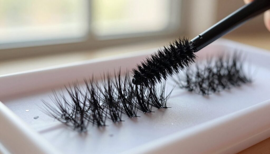 A close-up shot of a pair of artificial eyelashes being gently brushed with a soft bristle comb, highlighting their fluffy texture. The foreground features the comb delicately gliding through the lashes, showcasing the attention to detail in maintaining their shape. In the middle of the frame, the artificial eyelashes are arranged artistically on a clean surface, with a slight shimmer effect to emphasize cleanliness and care. The background is softly blurred with warm, natural daylight filtering through a window, creating a serene and inviting atmosphere. The overall mood is calm and meticulous, focusing on the importance of proper care for longer-lasting lashes.