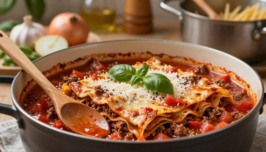 A close-up shot of a rich, homemade meat sauce for lasagna in a rustic kitchen setting. The sauce, simmering in a heavy-bottom pot, showcases ground beef and diced tomatoes, garnished with fresh basil and a sprinkle of Parmesan cheese on top. In the foreground, a wooden spoon rests against the pot, with a few droplets of sauce glistening in the light. The middle ground features colorful ingredients such as chopped onions and garlic ready for use, while the background has blurred kitchen utensils and a pot of boiling pasta. The warm, inviting lighting creates a cozy atmosphere, emphasizing the sauce's deep red hue and thick consistency. Capture this scene from a slightly elevated angle to highlight the layers and textures of the sauce, evoking a sense of warmth and togetherness in cooking.