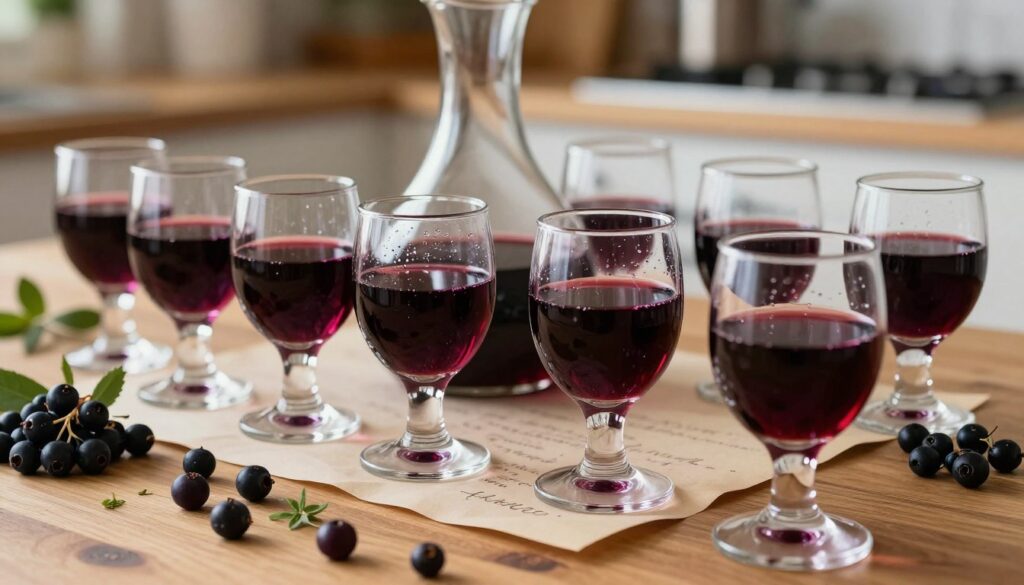 A close-up shot of elegantly arranged tasting glasses filled with homemade aronia liqueur, showcasing varying shades of rich purple and deep red, reflecting the light. In the foreground, a wooden table covered with fresh aronia berries and small herbs, hinting at the natural ingredients used. In the middle, a glass decanter with droplets of condensation, symbolizing the potency of the drink, alongside tasting notes written on parchment. In the background, a soft-focus kitchen setting with warm, ambient lighting creating a welcoming atmosphere. The composition should evoke a sense of indulgence and exploration, inviting viewers to appreciate the complexity of flavors and aromas. Ensure no text, watermarks, or distractions are present in the image. A close-up shot of elegantly arranged tasting glasses filled with homemade aronia liqueur, showcasing varying shades of rich purple and deep red, reflecting the light. In the foreground, a wooden table covered with fresh aronia berries and small herbs, hinting at the natural ingredients used. In the middle, a glass decanter with droplets of condensation, symbolizing the potency of the drink, alongside tasting notes written on parchment. In the background, a soft-focus kitchen setting with warm, ambient lighting creating a welcoming atmosphere. The composition should evoke a sense of indulgence and exploration, inviting viewers to appreciate the complexity of flavors and aromas. Ensure no text, watermarks, or distractions are present in the image.