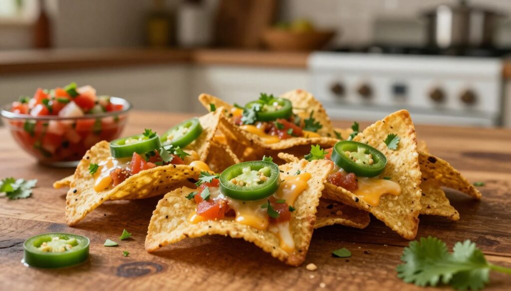 A close-up shot of freshly baked tortilla nachos arranged on a rustic wooden table. The nachos are golden brown, slightly curled and topped with melted cheese, sliced jalapeños, fresh cilantro, and a side of vibrant salsa in a small bowl. In the background, a softly lit kitchen setting can be seen with blurred cookware and ingredients, suggesting a cozy cooking environment. The lighting is warm and inviting, casting gentle shadows and highlighting the textures of the nachos. The atmosphere conveys the appeal of a delicious home-cooked snack, perfect for sharing. Use a shallow depth of field to focus on the nachos while keeping the background subtly visible, enhancing the inviting nature of the scene.