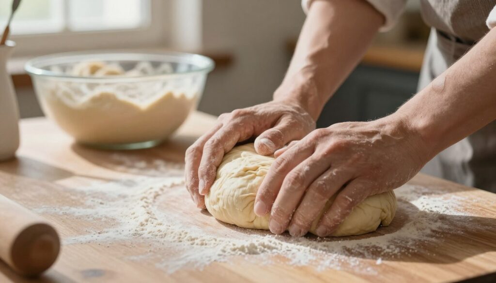 A close-up view of a baker's hands kneading soft, fluffy dough on a wooden countertop, with flour gently dusted around. The dough is in the foreground, showing its elastic texture, while in the background, a bowl of rising dough can be seen, subtly emphasizing the proofing process. Natural light filters through a nearby window, casting soft shadows and creating a warm, inviting atmosphere. The scene should evoke a sense of homey craftsmanship, highlighting the importance of kneading for achieving the perfect texture in baked goods. Ideally, depict the kitchen with rustic elements to enhance the cozy mood, without any distractions.