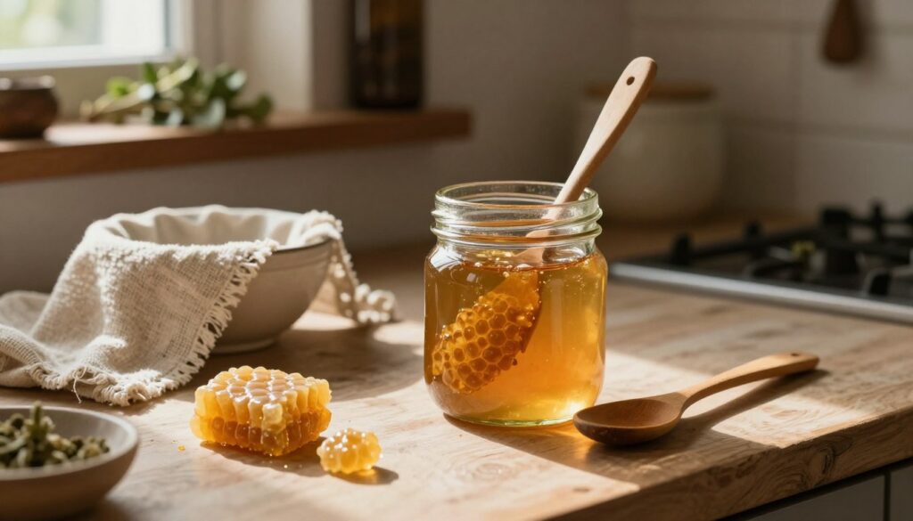 A close-up view of a beautifully arranged rustic kitchen counter, featuring a glass jar filled with dark golden propolis tincture, glistening under soft, warm light. In the foreground, there are fresh propolis chunks and a wooden spoon used for mixing. The middle ground showcases a delicate piece of muslin cloth draped over a bowl, ready for the filtration process. A dark, wooden shelf in the background holds an assortment of herbal ingredients, creating a cozy, inviting atmosphere. Subtle sunlight filters through a window, casting gentle shadows and enhancing the warm tones of the scene. The overall mood is calm and focused, evoking a sense of craftsmanship and the art of homemade remedies.