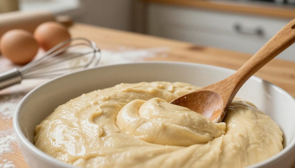 A close-up view of a bowl filled with thick, smooth dough for kluski lane, showcasing its ideal consistency. The foreground features the dough with a glossy finish, with a wooden spoon partially submerged in it, indicating a cooking process. In the middle, a rustic wooden table is set with flour, eggs, and a vintage whisk, emphasizing the ingredients used in making the dough. The background softly blurs to reveal a cozy kitchen setting with warm light illuminating the scene, creating an inviting atmosphere. The image conveys a sense of warmth and home-cooking, using natural lighting to highlight textures and colors, captured from a slightly elevated angle to allow for a detailed view of the dough's consistency.
