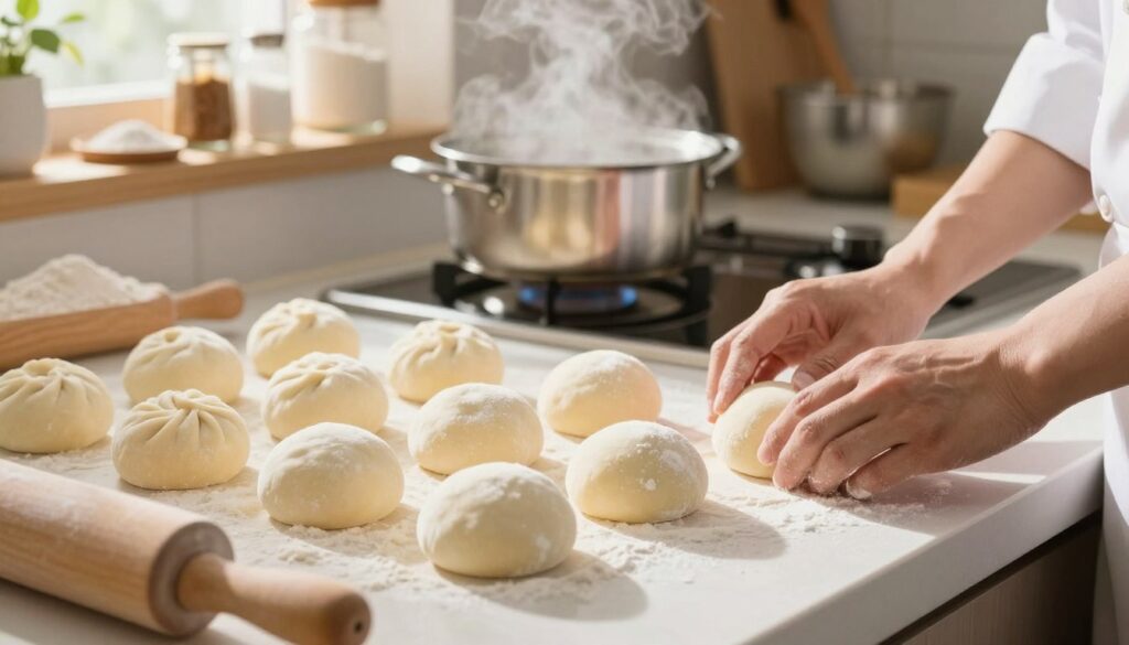 A close-up view of a clean, bright kitchen counter featuring fluffy, round pampuchy dumplings, freshly steamed and light, showcasing their soft, pillowy texture. The foreground includes a chef's hands gently shaping the dough with flour-dusted surfaces and a rolling pin. The middle ground displays a pot of boiling water on the stove, steam rising delicately, hinting at the cooking process. In the background, shelves lined with kitchen tools and ingredients like flour, salt, and a mixing bowl create a cozy, inviting atmosphere. Soft, warm lighting highlights the dumplings, emphasizing their golden hue and softness, while natural sunlight filters in through a nearby window, casting gentle shadows. The scene conveys a harmonious blend of culinary artistry and home cooking.