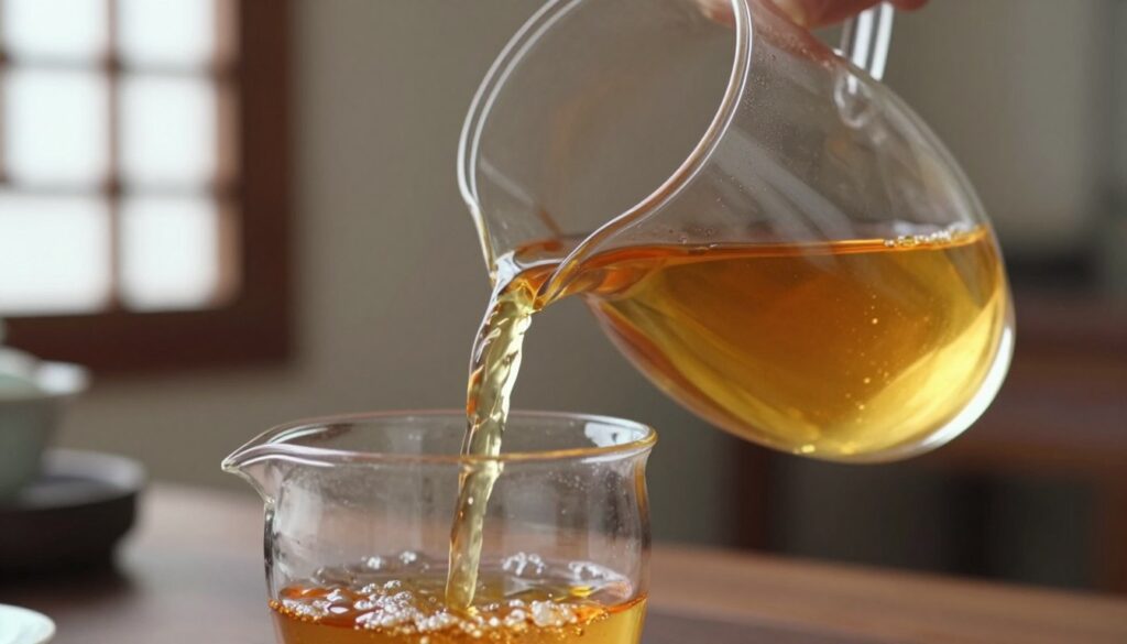 A close-up view of a clear glass carafe gently pouring a golden-brown herbal tincture into another glass container, with sediment visibly settling at the bottom of the original carafe. The foreground features the carafe and pouring action, showcasing the rich color of the liquid. In the middle ground, the sediment can be seen, with clarity emphasizing the separation from the liquid above. The background is softly blurred, with a warm, natural light streaming in from a nearby window, casting gentle highlights on the glass surfaces. The atmosphere is serene and focused, highlighting the meticulous process of clarifying the tincture. Use a shallow depth of field to draw attention to the pouring action, enhancing the sense of care and precision involved in this traditional craft.