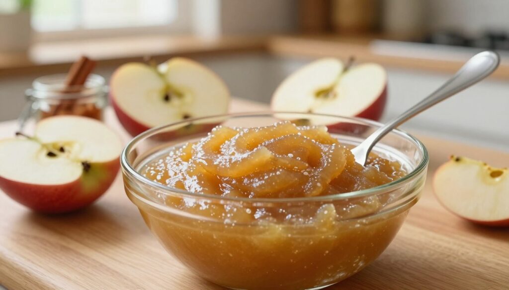 A close-up view of a clear, icy cold apple sauce being prepared for a pie, showcasing a smooth and velvety texture. In the foreground, a glass bowl filled with thick, glistening apple puree sits elegantly on a wooden kitchen countertop. A spoon rests inside, partially submerged, capturing the rich color of the apples. In the middle ground, fresh, sliced apples and a small jar of cinnamon are artfully arranged, evoking a sense of warmth and home cooking. The background features a softly blurred kitchen scene with warm, inviting light filtering through a window, creating a cozy atmosphere. The image conveys an enticing mood, perfect for illustrating the perfection of achieving a lump-free, satisfying pie filling.