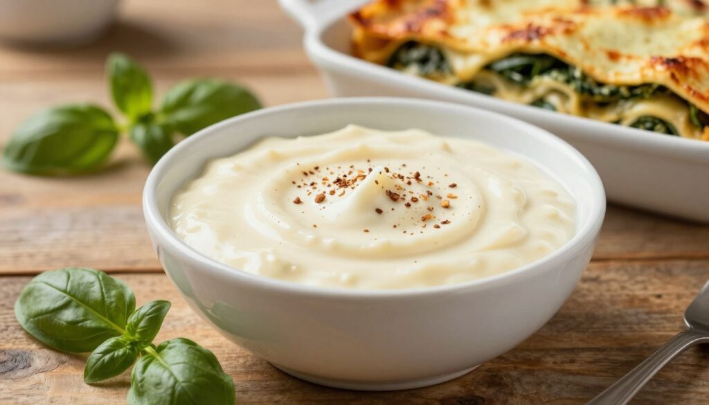 A close-up view of a creamy béchamel sauce in a small, elegant white ceramic bowl, placed on a rustic wooden table. The sauce has a smooth, velvety texture, with hints of freshly ground nutmeg sprinkled on top, glistening under soft, warm kitchen lighting. In the background, slightly blurred, show layers of freshly made spinach and ricotta lasagna to convey its association with the béchamel sauce. Add gentle greenery, such as fresh spinach leaves and sprigs of basil around the bowl, to enhance the freshness of the dish. The atmosphere is cozy and inviting, suggesting a home-cooked meal, captured at a 45-degree angle to emphasize the creamy texture and ingredients.