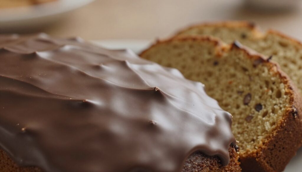 A close-up view of a glossy chocolate glaze, beautifully drizzled over a rich gingerbread cake. The foreground features the smooth, shiny texture of the chocolate, gleaming under soft, diffused lighting that enhances its luscious appearance. In the middle ground, slices of the gingerbread cake reveal their soft, spiced interior, with subtle hints of cinnamon and nutmeg. The background is softly blurred to keep the focus on the cake and chocolate, with warm, earthy tones that evoke a cozy kitchen atmosphere. Capture a sense of warmth and indulgence, evoking the richness of holiday baking. Use a shallow depth of field to highlight the glaze's texture while creating an inviting, appetizing scene.