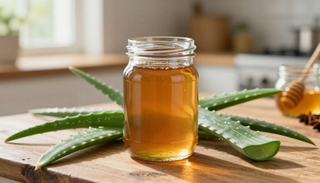 A close-up view of a jar filled with homemade aloe liqueur, showcasing its rich amber color and clarity, nestled on a rustic wooden table. Surrounding the jar, fresh aloe vera leaves are artfully arranged, reflecting their vibrant green hues. In the background, soft sunlight filters through a window, casting gentle shadows and creating a warm, inviting atmosphere. Include a blurred kitchen setting, hinting at ingredients like honey and spices on the counter. The lighting should be bright yet soft, emphasizing the textures and natural colors, with a focus on the glass liqueur jar, making it the centerpiece. The scene conveys a sense of warmth, coziness, and the essence of homemade goodness.