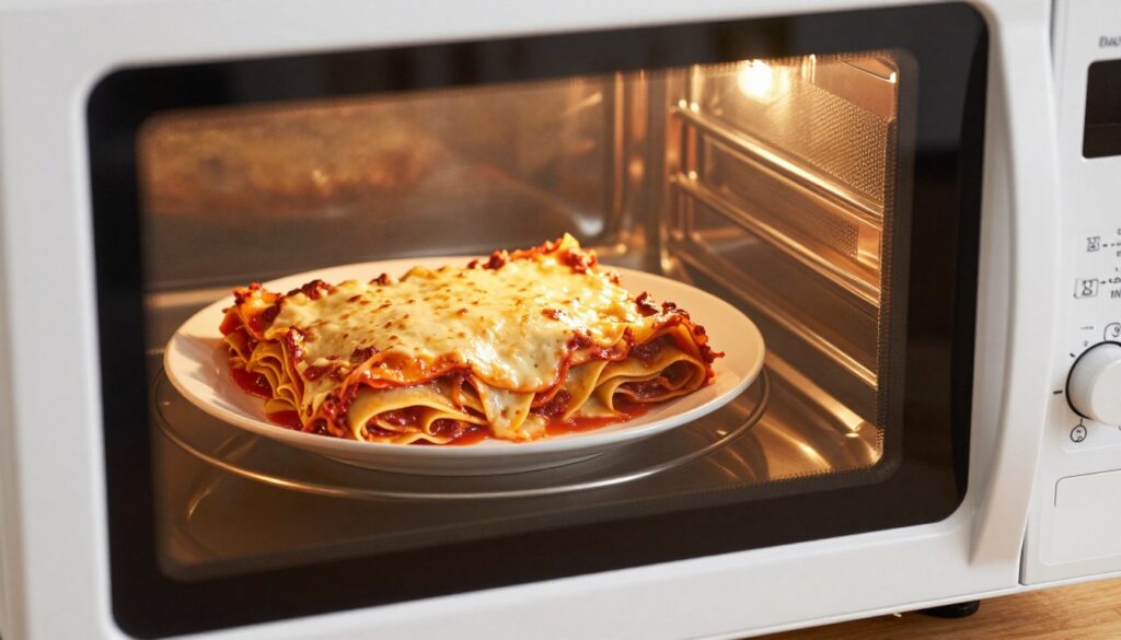 A close-up view of a microwave oven with a plate of lasagna inside, showcasing layers of pasta, cheese, and sauce melting and bubbling. The foreground features the microwave's transparent door, allowing the vibrant colors of the lasagna to be visible, highlighting its rich textures without looking dried out. In the middle, the plate of lasagna sits on a turntable, illuminated by soft, warm lighting that enhances the inviting, home-cooked feel. The background shows a cozy kitchen with wooden cabinets and soft-focus kitchen utensils, creating a warm and homely atmosphere. The angle is slightly tilted to emphasize the lasagna’s gooey texture and to give a dynamic composition. The scene conveys a sense of warmth, comfort, and culinary care.
