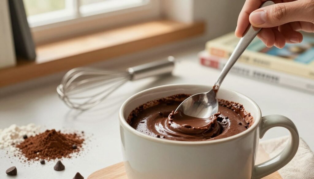 A close-up view of a mug cake being prepared, featuring a ceramic mug filled with a rich, chocolate batter, some ingredients scattered around like flour, cocoa powder, and chocolate chips. The foreground showcases a spoon stirring the mixture, with a splash of batter visible. In the middle, a kitchen counter adorned with a few baking tools like a whisk and measuring spoons. The background includes warm lighting from a window, illuminating the scene and creating a cozy atmosphere. A few cooking books are partially visible on a shelf, hinting at the culinary theme. The mood is light and cheerful, capturing the essence of quick baking with an inviting ambiance.