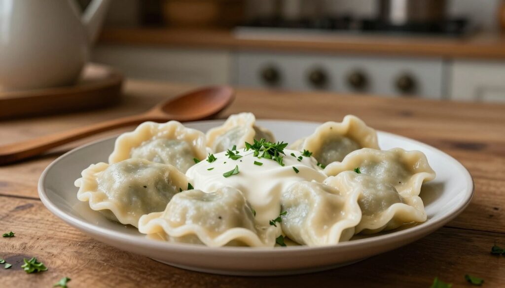 A close-up view of a plate of freshly made pierogi leniwe, showcasing their delicate, soft dumpling texture. The plate is set on a rustic wooden table, highlighting the authenticity of the dish. In the foreground, drizzle rich, creamy sour cream over the warm dumplings, and sprinkle chopped fresh herbs for a pop of color. In the middle ground, slightly blurred, a traditional wooden spoon rests beside the plate. The background features a cozy kitchen setting with warm, inviting lighting, capturing a homey atmosphere. Soft shadows play across the scene, creating a comforting mood while emphasizing the deliciousness of this traditional dish. The composition should focus solely on the pierogi, evoking a sense of warmth and satisfaction associated with homemade cooking.
