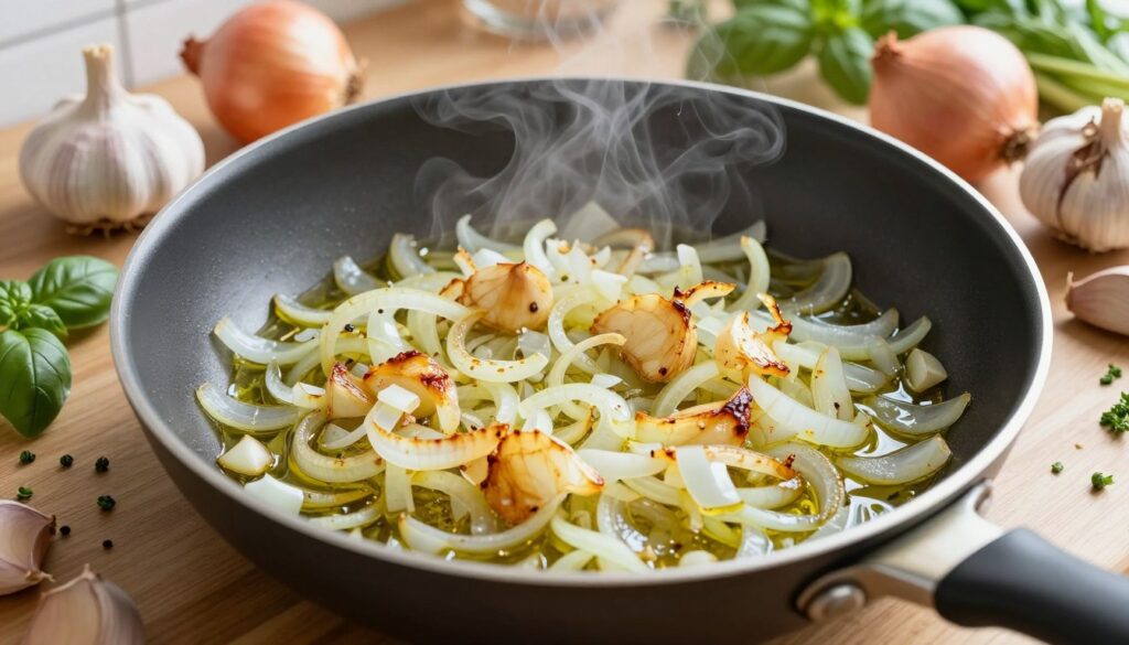 A close-up view of a skillet on a wooden kitchen counter, featuring finely chopped onions and garlic sizzling in golden olive oil. The onions are translucent and lightly caramelized, while the garlic has a warm, golden-brown hue, releasing aromatic steam. Surrounding the skillet are fresh ingredients: whole garlic bulbs and unpeeled onions, along with a scattering of chopped herbs such as basil and parsley, enhancing the sensory feel of the kitchen. Soft, natural light filters in from a nearby window, casting gentle shadows and creating a warm, inviting atmosphere. The focus is on the vibrant textures and colors of the ingredients, capturing the essence of creating a flavorful base for cooking.