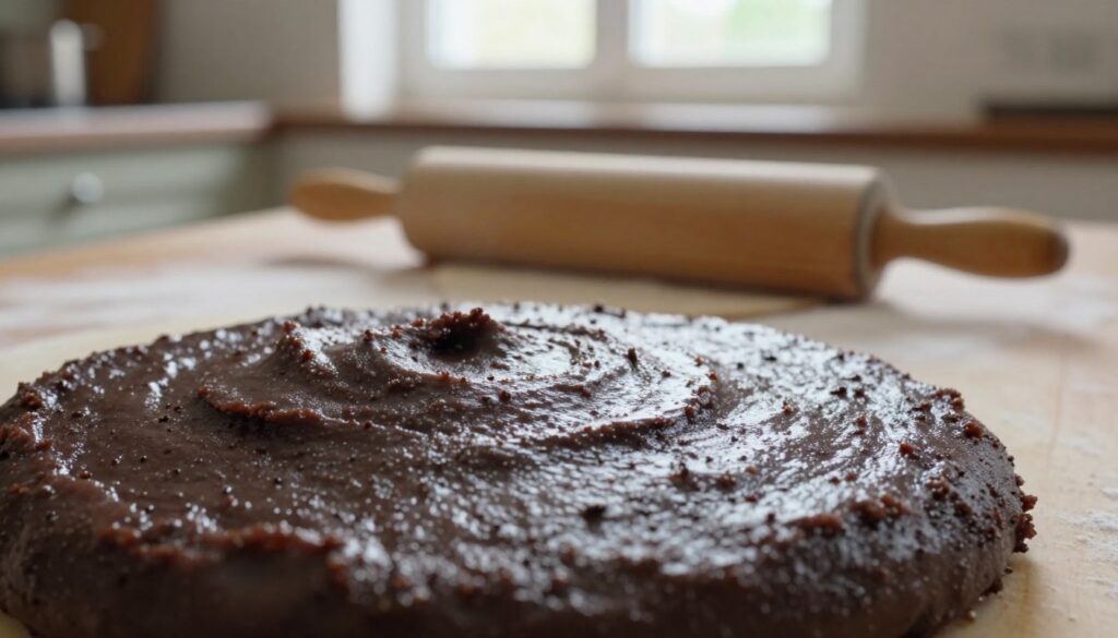 A close-up view of a smooth, rich masa makowa (poppy seed filling) placed in the foreground, showcasing its dark color and textured consistency. In the middle, present a wooden rolling pin and a neatly floured surface, indicating the preparation for making makowiec. The background features a softly blurred kitchen scene with warm, natural light filtering through a window, creating a cozy atmosphere. The lighting should highlight the masa makowa's glistening texture, emphasizing its thickness and spreadability. The scene should evoke a sense of warmth, tradition, and the art of baking, ensuring that the image is inviting and captures the essence of making esta delicious filling for pastries.