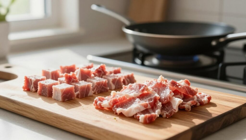 A close-up view of a wooden cutting board featuring two types of freshly sliced meat for carbonara: one cut into small cubes and the other into thin strips. The background showcases a modern kitchen with a sleek frying pan on a stove, slightly blurred to emphasize the cutting board in the foreground. Soft natural light streams in through a nearby window, creating warm highlights and gentle shadows that enhance the textures of the meat and wood. The atmosphere is inviting and cozy, suggesting a home-cooking environment. No people are present, allowing the focus to remain on the culinary elements. The image conveys the importance of meat preparation in achieving authentic flavors.