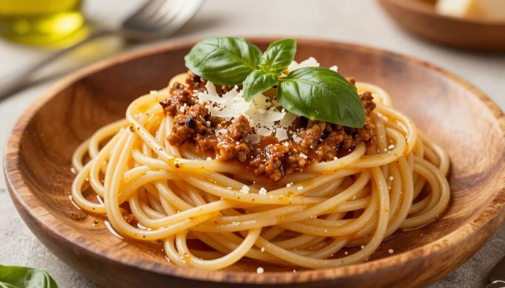 A close-up view of al dente spaghetti arranged elegantly on a rustic wooden plate, glistening with a light sheen of olive oil. The pasta strands should appear perfectly cooked, showcasing a slight firmness and slight bounce. A rich, flavorful meat sauce is draped over the spaghetti, garnished with fresh basil leaves and a sprinkle of grated Parmesan cheese. In the background, soft, warm lighting creates a cozy atmosphere, with blurred out kitchen utensils and an inviting dining table setting. The overall mood is warm and appetizing, evoking a sense of home-cooked comfort. The camera angle is slightly overhead to capture the dish's details and textures vividly.