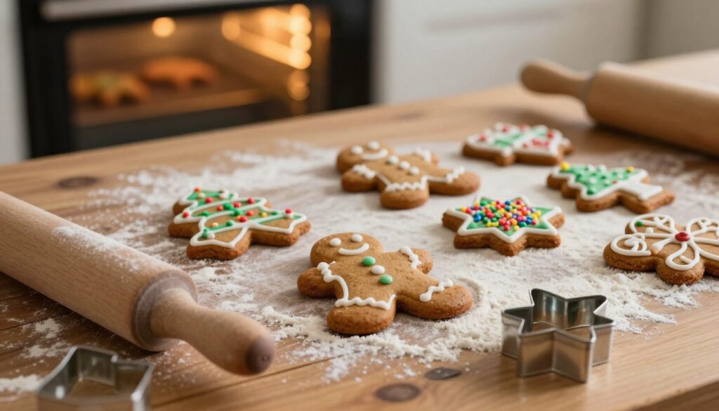 A close-up view of beautifully decorated gingerbread cookies on a well-worn wooden table, showcasing intricate details such as icing patterns and festive designs. In the foreground, a rolling pin and cookie cutters are placed, dusted lightly with flour, emphasizing the baking process. In the middle ground, there are a few gingerbread cookies arranged, some partially decorated with royal icing and colorful sprinkles. In the background, a faint golden glow from an oven casts warm light, contributing to a cozy, inviting atmosphere. The scene evokes the spirit of holiday baking, with soft, natural lighting that highlights the texture of the cookies and surrounding ingredients. A shallow depth of field focuses on the cookies, creating an intimate and warm ambiance.
