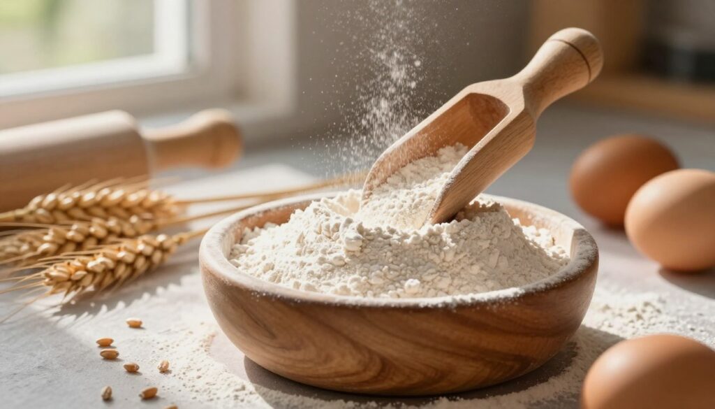 A close-up view of fine wheat flour in a rustic wooden bowl, with particles of flour softly cascading down into the bowl from an elegant wooden scoop. The scene is set on a textured, flour-dusted countertop, surrounded by scattered wheat grains and a few fresh brown eggs. Soft, warm morning sunlight streams in from a nearby window, illuminating the flour’s fine texture and creating gentle shadows. The background features a blurred kitchen scene with baking utensils and a hint of greenery, suggesting a cozy baking atmosphere. The mood is warm and inviting, perfect for illustrating the importance of flour types in baking, particularly for achieving the ideal brownie structure and moist interior.