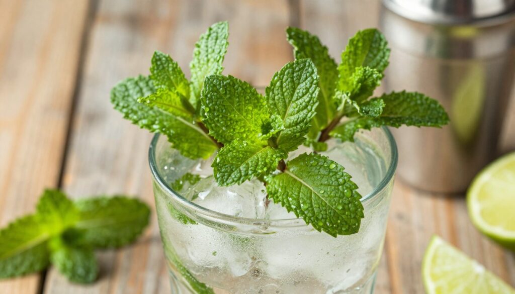 A close-up view of fresh mint leaves, glistening with droplets of water to emphasize their freshness. The mint is arranged artistically in a clear glass filled with crushed ice, suggesting its use in a refreshing drink. In the background, a subtle blur of a rustic wooden table can be seen, with hints of lime slices and a cocktail shaker, enhancing the mojito theme. Soft, natural sunlight filters through, casting gentle shadows and giving the scene a warm, inviting atmosphere. The overall composition is vibrant and fresh, evoking the essence of a non-alcoholic mojito, perfect for an article about refreshing beverages.
