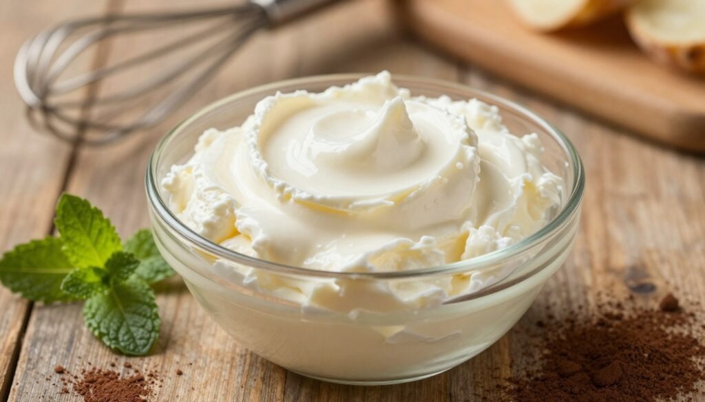 A close-up view of rich, creamy mascarpone cheese in an elegant glass bowl, placed on a rustic wooden table. The mascarpone appears velvety and smooth, with a subtle sheen reflecting soft, warm natural light that enhances its texture. Surrounding the bowl, a few fresh ingredients like sprigs of mint and delicate cocoa powder are artfully arranged, conveying the essence of Italian cuisine. In the background, out-of-focus kitchen elements hint at a cozy, inviting atmosphere, such as a vintage whisk and a wooden cutting board. The mood is warm and inviting, perfect for a homey dessert setting. The shot is taken with a shallow depth of field, focusing on the mascarpone while gently blurring the background to create a sense of intimacy and culinary artistry.