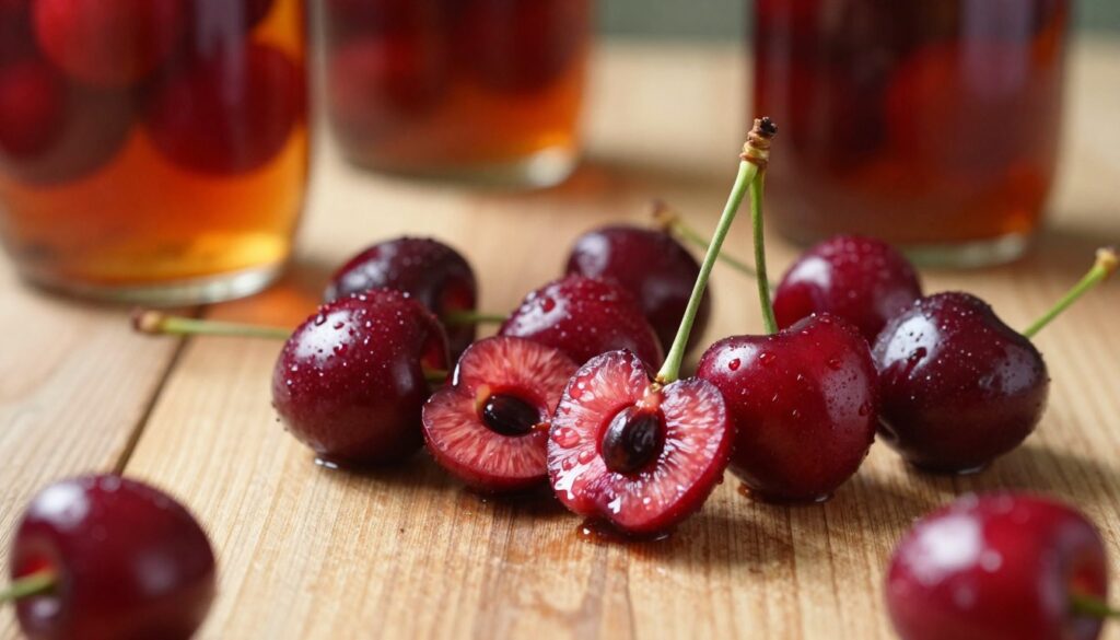 A close-up view of ripe cherries on a wooden table, showcasing the shiny, deep red fruit with glistening droplets of water. Some cherries are whole, while others are carefully split open to reveal their dark seeds, emphasizing the contrast between the flesh and pits. In the background, softly blurred glass jars filled with cherry liqueur reflect warm golden light, suggesting the process of infusion. The atmosphere feels rustic and inviting, with natural sunlight streaming in, casting gentle shadows that enhance the rich hues of the cherries and wood. The composition is shot at a slight angle with a low depth of field to focus on the cherries, evoking a sense of warmth and homey craftsmanship in making cherry liqueur. A close-up view of ripe cherries on a wooden table, showcasing the shiny, deep red fruit with glistening droplets of water. Some cherries are whole, while others are carefully split open to reveal their dark seeds, emphasizing the contrast between the flesh and pits. In the background, softly blurred glass jars filled with cherry liqueur reflect warm golden light, suggesting the process of infusion. The atmosphere feels rustic and inviting, with natural sunlight streaming in, casting gentle shadows that enhance the rich hues of the cherries and wood. The composition is shot at a slight angle with a low depth of field to focus on the cherries, evoking a sense of warmth and homey craftsmanship in making cherry liqueur.