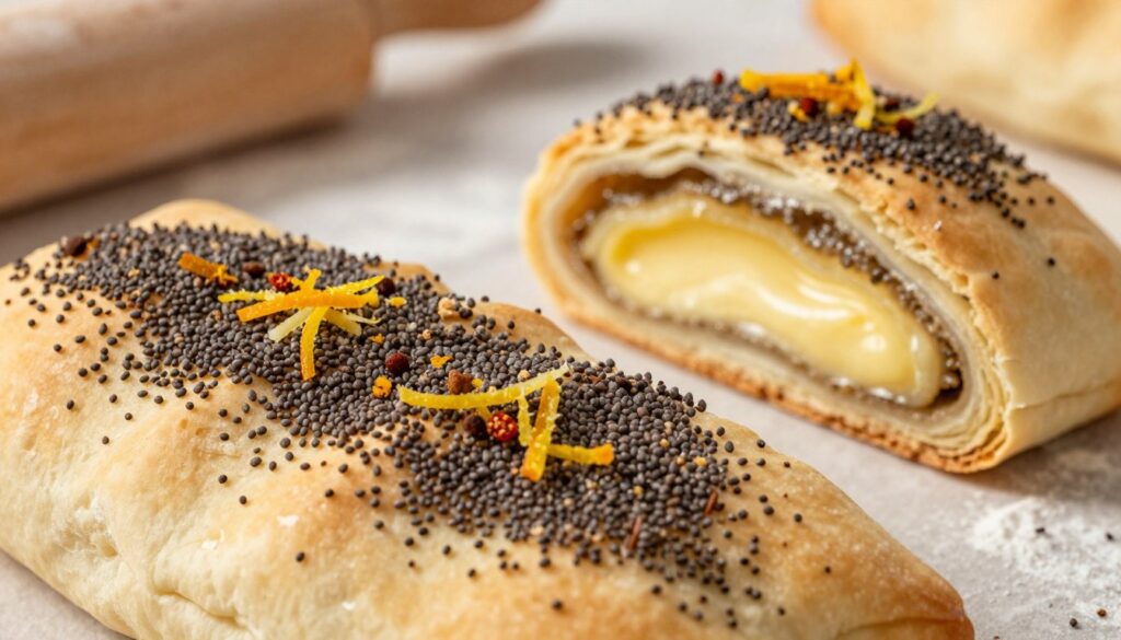 A close-up view of "smak maku," showcasing a beautifully arranged, rich poppy seed filling set against a soft, fluffy pastry background. The foreground highlights glistening poppy seeds dotted with hints of grated citrus zest and aromatic spices, exuding an inviting texture and warmth. In the middle ground, a delicate slice of makowiec reveals layers of the light, buttery dough enveloping the luminous filling, radiating a sense of comfort. The background softly fades with hints of rustic kitchen elements, like rolling pins and flour dust, subtly enhancing the baking atmosphere. Use warm, natural lighting to create a cozy mood, with a shallow depth of field focusing prominently on the makowiec. Capture the image from a slightly elevated angle for a more dynamic perspective.