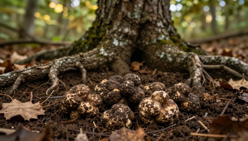 A close-up view of the underground habitat where truffles grow, showcasing their rough, knobby texture as they partially emerge from the rich, dark soil. In the foreground, several truffles are nestled among decaying leaves and earth, displaying their unique shapes and earthy tones. The middle ground features the roots of oak and hazelnut trees, which provide the ideal environment for truffle growth. In the background, softly blurred, hints of forest foliage create a natural setting. The lighting is warm and dappled, mimicking sunlight filtering through the tree canopy, adding a touch of magic to the scene. The atmosphere feels earthy and serene, perfectly encapsulating the hidden world of truffles beneath the surface.