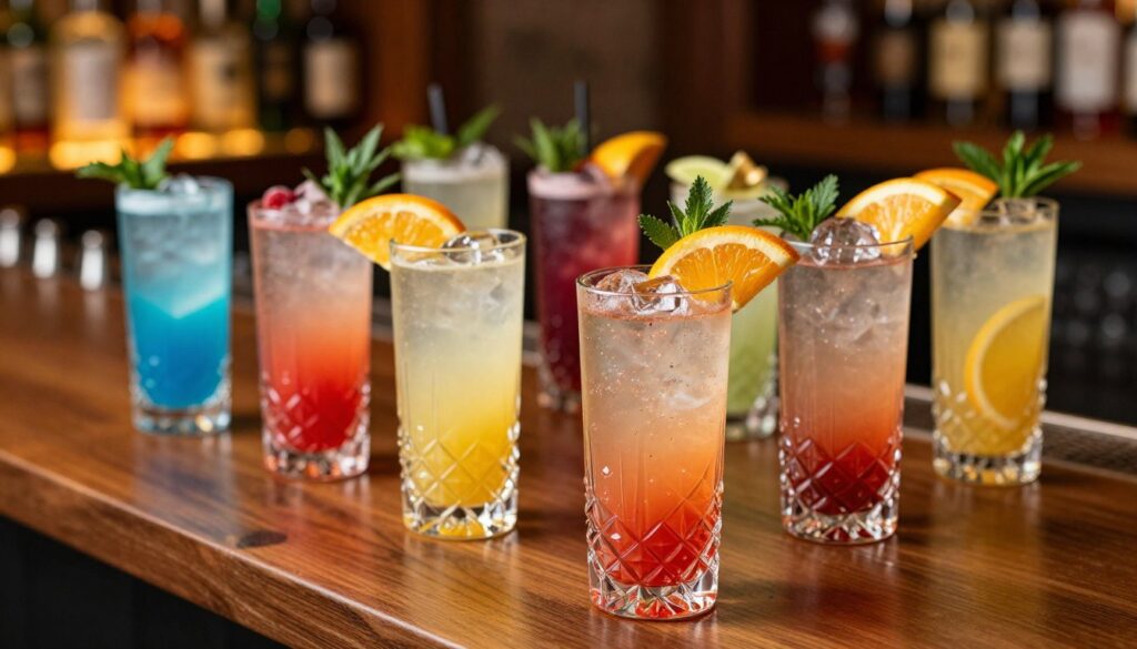 A collection of elegant highball glasses, each showcasing a variety of vibrant cocktails, arranged on a polished wooden bar top. In the foreground, focus on two crystal-clear highball glasses filled with colorful mixed drinks garnished with citrus slices and fresh herbs, reflecting soft light that enhances their sparkle. The middle ground features additional glasses with unique drink colors, showcasing the art of mixology. In the background, blurred shelves lined with assorted spirits and garnishes create an inviting and sophisticated atmosphere. Warm, ambient lighting casts a gentle glow across the scene, highlighting the textures of the glass and the vibrancy of the drinks. The angle is slightly above eye level, providing a dynamic perspective of this elegant drink setup.