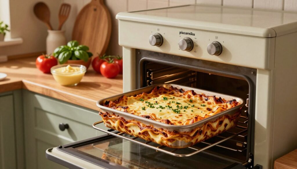 A cozy kitchen scene featuring a classic Italian oven, or "piecarniku," specifically designed for baking lasagna. In the foreground, the oven is open, revealing a bubbling tray of golden-brown lasagna, with melted cheese and herbs peeking out. The middle ground includes an inviting wooden countertop adorned with fresh ingredients: tomatoes, basil, and a bowl of béchamel sauce. In the background, warm, soft lighting casts a homey glow, highlighting rustic kitchen decor. A few kitchen utensils and a clock on the wall indicate the baking time. The overall mood is warm and inviting, capturing the essence of homemade Italian cooking. The camera angle is slightly elevated, focusing on the oven while capturing the charming details of the kitchen.
