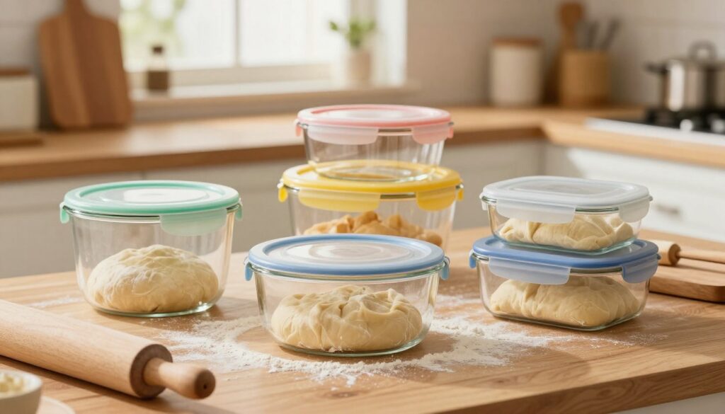 A cozy kitchen scene featuring a selection of colorful food storage containers for pizza dough. In the foreground, display various containers with tight-fitting lids made of glass and BPA-free plastic, showcasing dough inside, some dusted with flour. The middle ground includes a wooden cutting board and a rolling pin to emphasize the pizza-making context. In the background, a warm, inviting kitchen with soft, natural light filtering through a window creates a homey atmosphere, enhancing the freshness of the ingredients. The camera angle captures the containers' details, focusing on their practicality while blending seamlessly with the kitchen's aesthetic. The overall mood is warm and inviting, tailored to evoke the joy of cooking and proper food storage.