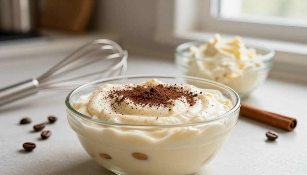 A creamy tiramisu filling made without eggs, artistically displayed in a clear glass bowl. The foreground features a luscious, smooth mixture with a velvety texture, dotted with tiny flecks of cocoa powder. In the middle ground, a whisk and a bowl of mascarpone cheese hint at the preparation process, alongside a few scattered coffee beans and a cinnamon stick for added detail. The background showcases a warm, inviting kitchen setting with soft, natural light streaming in through a window, illuminating the ingredients and adding a cozy atmosphere. The scene conveys a sense of simplicity and elegance, perfect for a homemade dessert.