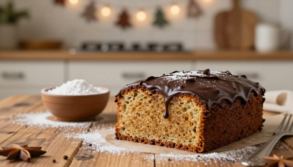 A decadent view of a freshly baked gingerbread cake topped with a glossy layer of rich chocolate glaze. In the foreground, a slice of the cake sits on a rustic wooden table, showcasing its warm, spiced interior and the luscious, flowing chocolate topping glistening under soft, warm light. The middle ground features a small bowl of powdered sugar, hinting at an alternative decoration option, with a dusting of sugar creating a delicate contrast against the cake. In the background, a cozy kitchen setting with soft-focus elements like hanging festive decorations and warm light creates a homely atmosphere, inviting the viewer to indulge in this delightful treat. The overall mood is inviting and delicious, evoking the comfort of holiday baking.