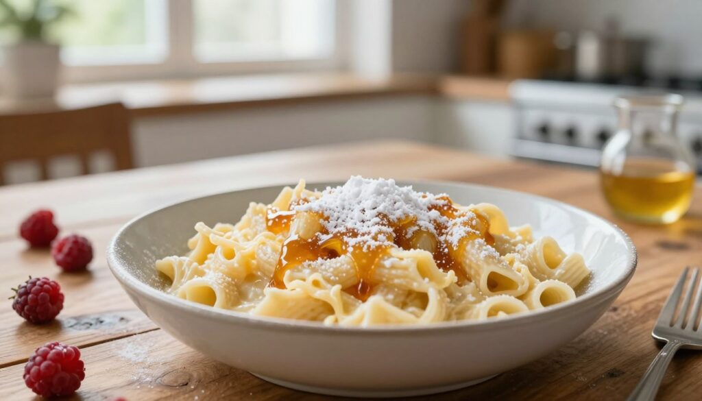 A delectable serving of "makaron na słodko," featuring a warm bowl of creamy pasta topped with a generous sprinkle of powdered sugar and a drizzle of honey or maple syrup. The foreground showcases the pasta, coiled invitingly with melted cheese, creating a comforting and appetizing look. In the middle, a rustic wooden table complements a backdrop of a cozy kitchen setting, with soft, natural light filtering through a window to create an inviting atmosphere. Include a few fresh berries scattered around, enhancing the dish's sweetness. The overall mood captures warmth and homeliness, perfect for a quick zero-waste meal enjoyed warm or cold, embodying a delightful and comforting food experience.
