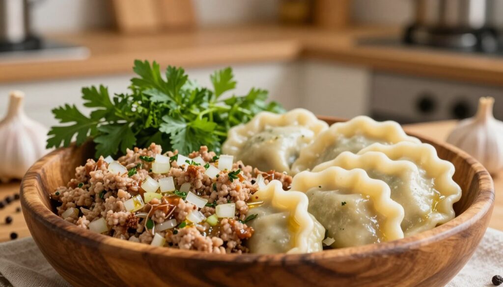 A delicious and aromatic meat filling for pierogi, displayed in a rustic wooden bowl. The foreground features the minced meat mixed with finely chopped onions, garlic, and herbs, glistening with a touch of oil to emphasize juiciness. In the middle, there are fresh ingredients like parsley, pepper, and spices arranged attractively around the bowl, highlighting the seasonings used in the filling. The background shows a softly lit kitchen environment, with warm wooden countertops and softly blurred kitchen tools, creating a cozy, homely atmosphere. The scene captures the essence of inviting flavors, with gentle lighting that casts a warm glow over the ingredients, evoking a sense of delicious comfort and anticipation for cooking. No text or additional markings in the image.