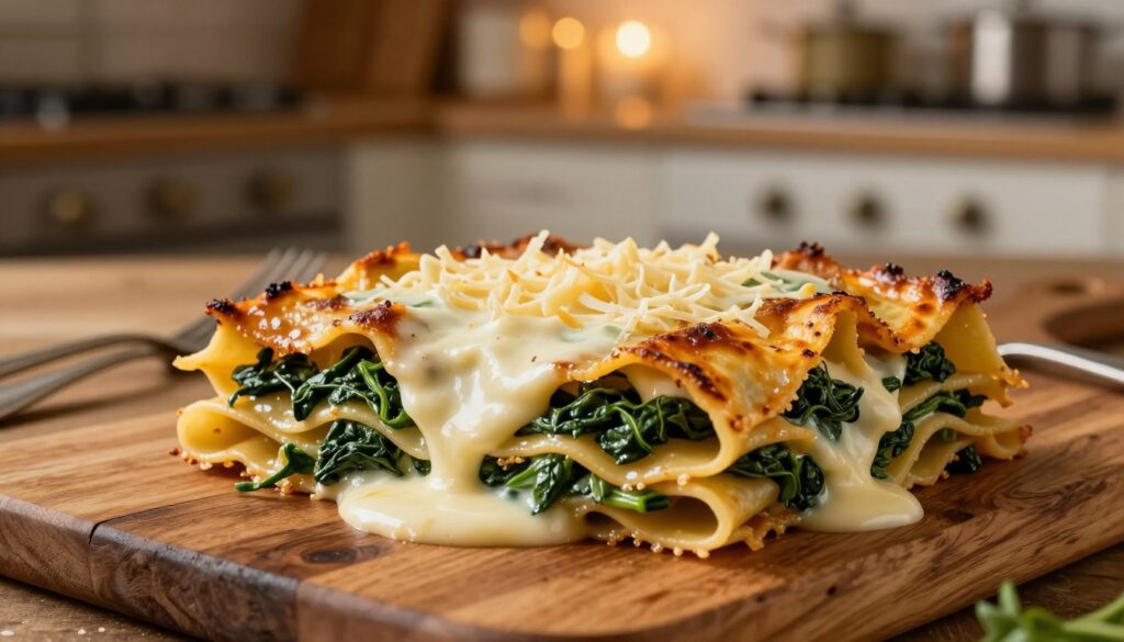 A delicious serving of lasagna with spinach and béchamel, beautifully presented on a rustic wooden table. In the foreground, layers of golden-brown pasta are interspersed with vibrant green spinach and creamy white béchamel sauce, glistening from the oven’s heat. The middle features a sprinkle of melted cheese on top, with a fork resting beside the dish, suggesting an inviting dinner scene. In the background, soft ambient lighting creates a warm and cozy atmosphere, with a blurred kitchen setting evoking a home-cooked feel. Use a shallow depth of field to emphasize the lasagna, capturing its textures and colors, while maintaining a harmonious and appetizing mood that draws the viewer in.