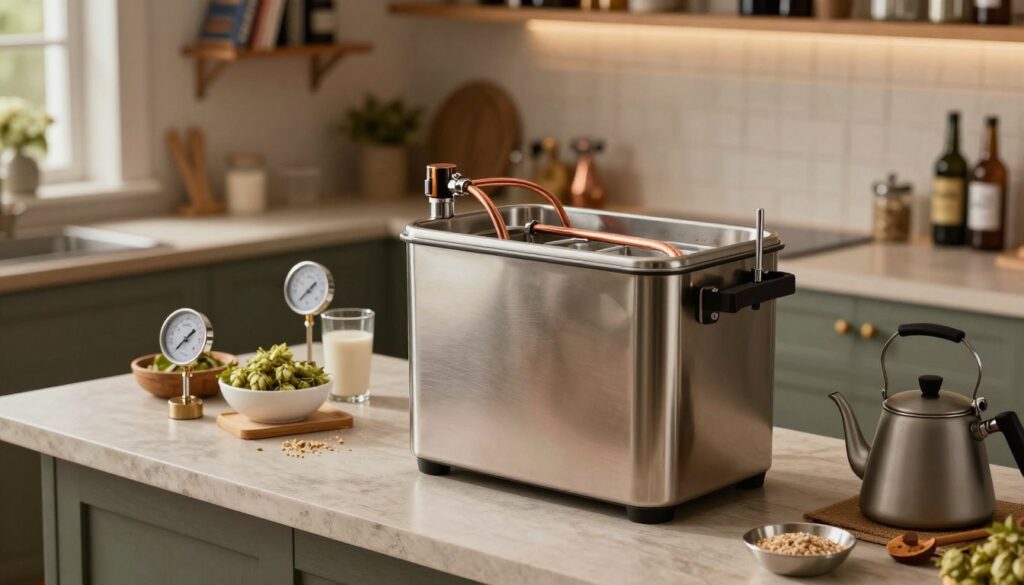 A detailed and realistic depiction of a beer immersion cooler, showcasing its unique features and design. In the foreground, highlight the immersion cooler with visible copper tubing and a sleek, polished exterior. Surround it with tools commonly used in home brewing, like thermometers and a small kettle. In the middle ground, a well-organized brewing setup reveals a countertop with ingredients such as hops and malt, creating an inviting atmosphere for home brewing enthusiasts. The background features a softly lit kitchen with rustic wooden elements and shelves displaying brewing books and bottles. Use warm lighting to enhance the cozy ambiance of a home brewing environment. Angle the scene slightly from above, giving a comprehensive view of both the cooler and the brewing setup, focusing on clarity and professionalism.
