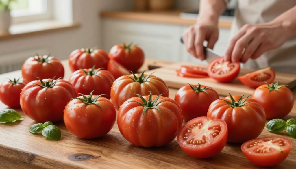 A detailed arrangement showcasing the best tomato varieties for freezing, featuring multiple types of tomatoes with a focus on those with lower water content. In the foreground, plump, ripe beefsteak tomatoes and smaller, rich-flavored Roma tomatoes are artfully displayed on a rustic wooden table, surrounded by delicate sprigs of basil. In the middle ground, a few cutting boards are visible with fresh tomatoes being sliced. The background features a softly blurred kitchen setting, with warm, natural light filtering through a nearby window, creating a cozy atmosphere. A slightly overhead angle captures the vibrancy and textures of the tomatoes, emphasizing their colors and shapes. The mood is inviting and appetizing, perfect for illustrating the subject of freezing tomatoes while preserving flavor.