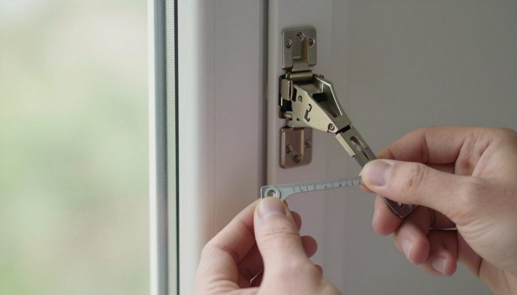 A detailed close-up of a plastic window with a focus on two distinct types of hinges used in its design. Highlight one hinge type on the left, showcasing its unique features, while the second hinge type is displayed on the right, emphasizing its differences. The foreground includes a pair of professional hands holding a small measuring tool near the hinges to indicate the process of identification. In the background, soft natural light filters through the translucent window, creating a calming atmosphere. The lens captures the intricate details of the hinges with a slight depth of field, ensuring the focus remains on the subject while the background remains softly blurred. The overall mood conveys a sense of clarity and professionalism, suitable for an instructional article.