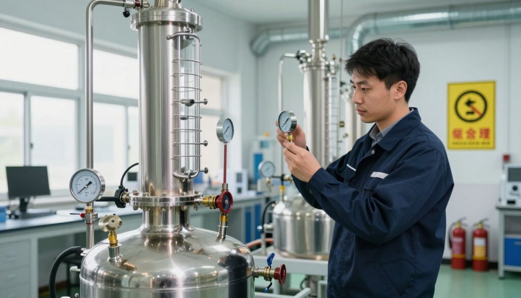 A detailed industrial distillation setup, focusing on safety measures. In the foreground, a stainless steel distillation apparatus with gauges and valves clearly visible, demonstrating a safe and controlled environment. In the middle ground, a technician in professional attire checks temperature readings and inspects ventilation systems, looking focused and knowledgeable. The background features a well-lit lab with safety signs, proper fire extinguishers, and ventilation ducts. Soft, natural lighting enhances the clarity of the scene, creating a clean, professional atmosphere. The entire composition conveys a sense of safety, attentiveness, and expertise in the distillation process, highlighting the importance of ventilation, temperature control, and fire risk elimination.