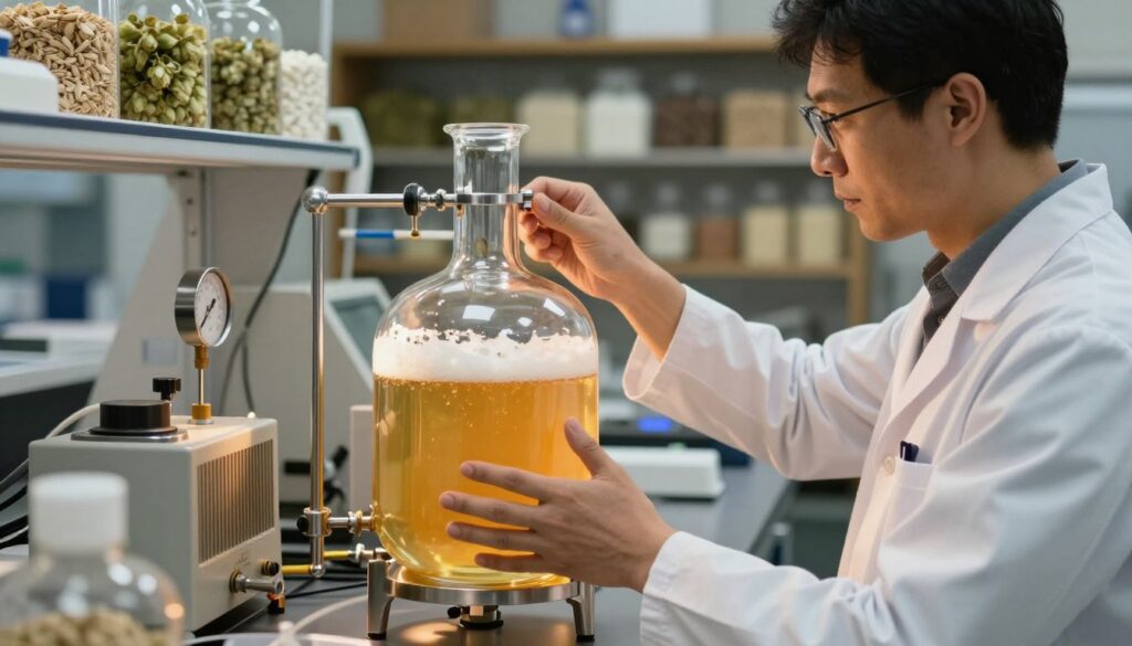 A detailed laboratory scene focused on the process of stopping fermentation in non-alcoholic beer production. In the foreground, a skilled brewer in a lab coat is inspecting a large glass fermentation vessel filled with a golden liquid, conveying a sense of precision and expertise. The middle ground features various brewing equipment, including a thermometer and a cooling system, all meticulously arranged. The background showcases shelves stocked with hops and malt ingredients, creating an inviting atmosphere. Soft, warm lighting illuminates the scene, highlighting the glass and metal textures while creating gentle shadows. The overall mood is professional yet relaxed, reflecting the science of brewing without alcohol. The image emphasizes clarity and technique, capturing the essence of fermentation control.