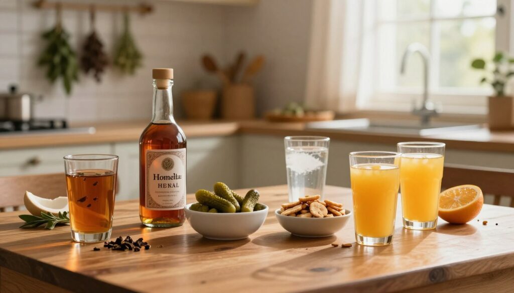 A detailed still life composition showcasing various remedies and beverages traditionally believed to alleviate or prevent hangovers. In the foreground, a polished wooden table displays half-filled glasses of herbal teas, coconut water, and fresh fruit juices, elegantly arranged. In the middle ground, a bottle of homemade herbal tincture with intricate labeling sits beside a bowl of pickles and traditional snacks. The background features a softly blurred kitchen scene with herbs hanging from a rack and light streaming through a window, creating a warm, inviting atmosphere. The lighting is soft and warm, mimicking the glow of late afternoon sunshine, enhancing the mood of wellness and comfort. The overall tone is informative yet soothing, reflecting the theme of remedy and care without the presence of any people or text.