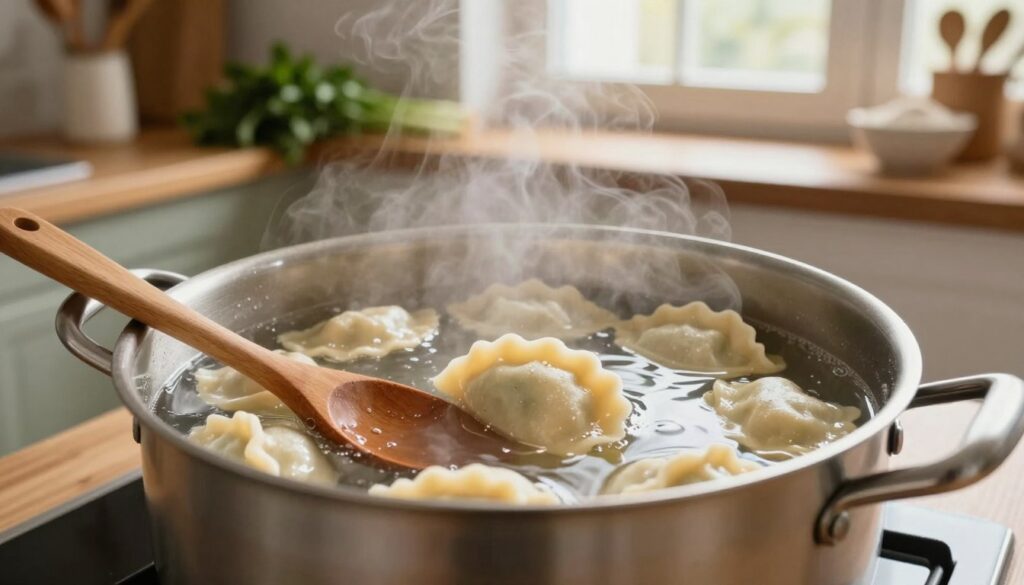 A large pot of simmering salted water on a stove, with steam rising gently from the surface, conveying the beginning of a cooking process. In the foreground, a wooden spoon rests on the edge of the pot, suggesting the action of stirring. Several pierogi, golden-brown and freshly made, float to the surface, indicating they are cooking and ready to rise. The kitchen atmosphere is warm and inviting, with soft, natural lighting coming from a nearby window, illuminating the scene and creating gentle reflections on the water. In the background, a rustic kitchen ambiance is captured, with wooden shelves adorned with various cooking utensils, fresh herbs, and flour, enhancing the homey feel of the cooking environment.