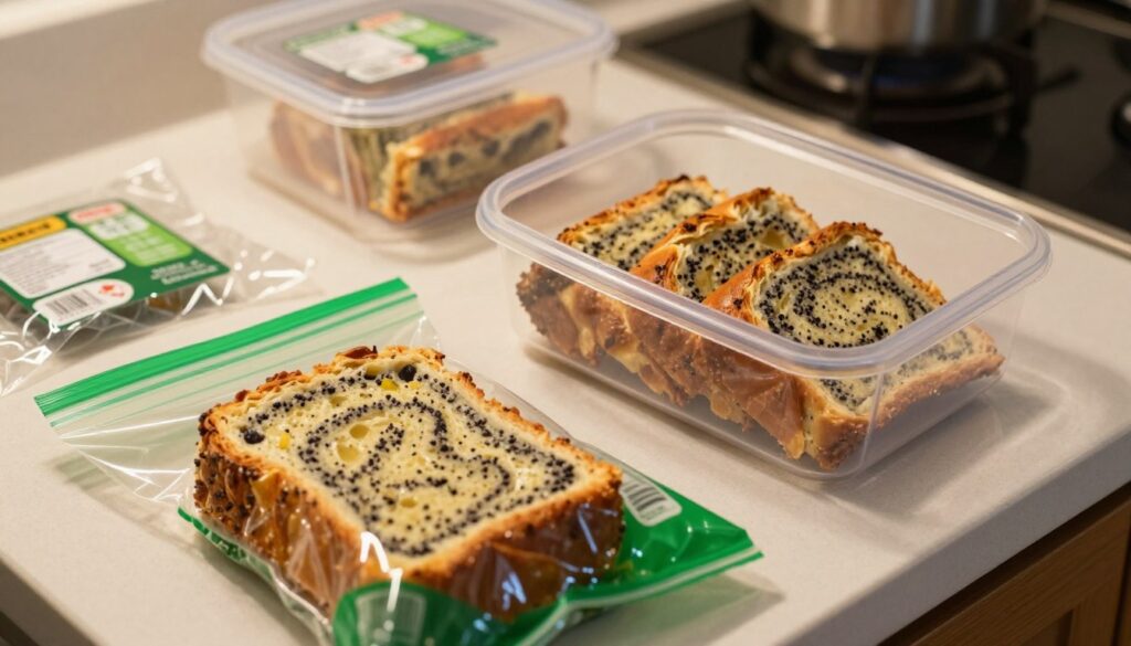 A neatly organized kitchen countertop featuring a variety of freezer packaging options for a classic poppy seed cake. In the foreground, a tight-focus on a glossy green zip-lock bag, partially filled with a delicious slice of makowiec, showcasing its flaky texture. Next to it, a transparent airtight container, filled to the brim with additional slices, captures the light beautifully, emphasizing the rich colors of the pastry. In the background, crumpled sheets of plastic wrap and labels scatter playfully, hinting at the busy process of preparing food for the freezer. The warm kitchen lighting creates a cozy, inviting atmosphere, with soft shadows adding depth. The angle is slightly above eye level, giving a clear view of the packaging methods, ensuring the image conveys practicality and care in food preservation without any distractions or text.