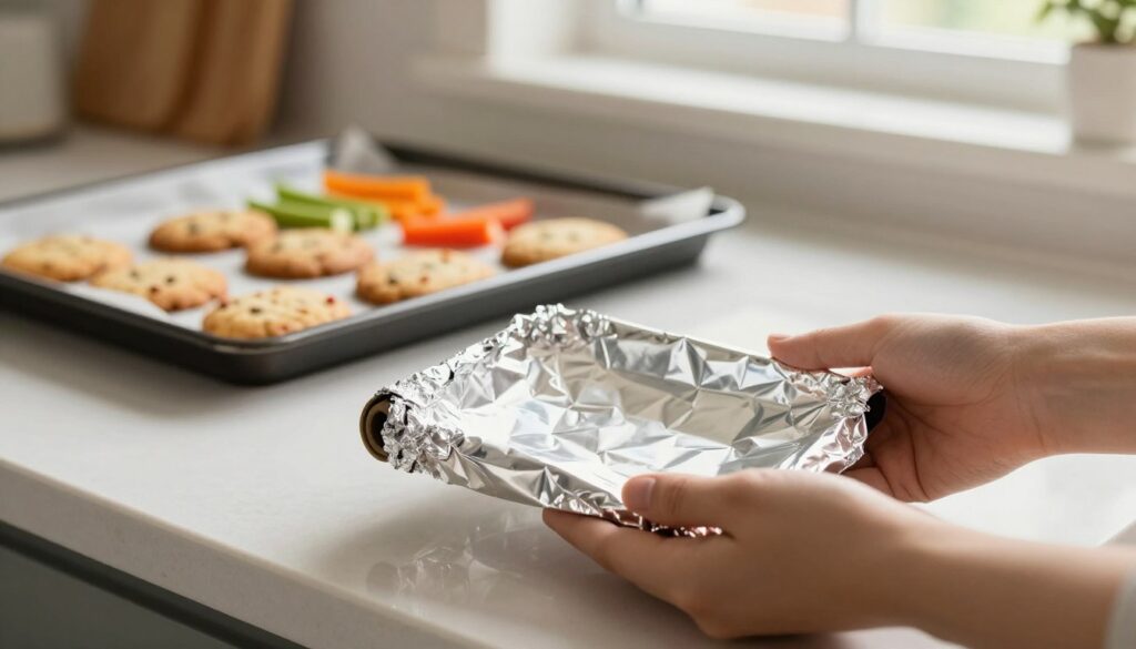 A pristine kitchen setting, showcasing a roll of aluminum foil prominently placed on a countertop alongside freshly baked cookies just taken out of the oven. In the foreground, a shiny, crinkled piece of aluminum foil is gently cradled in a hand, reflecting light with a metallic sheen. In the middle ground, a baking sheet lined with vibrant, colorful ingredients like vegetables and pastry dough sits ready for cooking, demonstrating the versatility of aluminum foil as a replacement for baking paper. The background features soft, natural lighting filtering through a window, casting a warm glow over the scene, evoking a cozy and inviting atmosphere. Focus on clear details, with a depth of field that emphasizes the foil's texture and reflective qualities, contrasting with the warm tones of the kitchen.